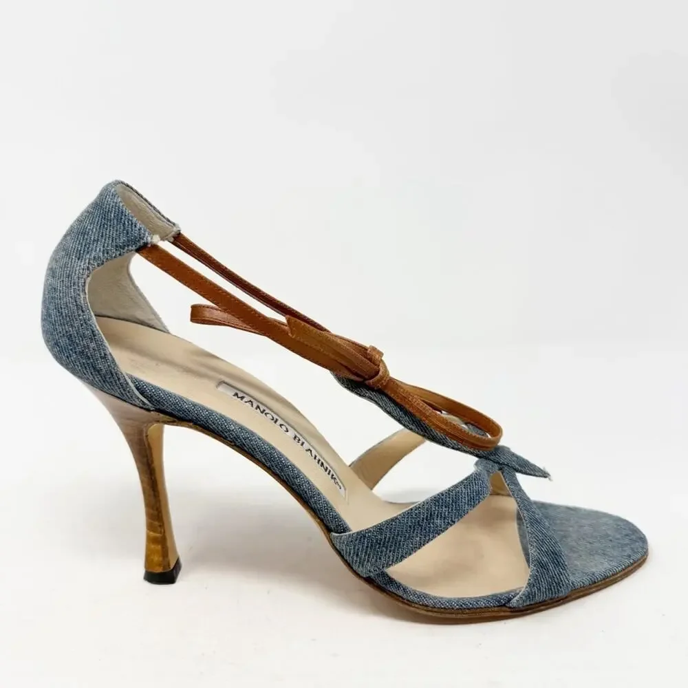 Manolo Blahnik Denim Strappy Sandals Heels Womens Size EU 38.5